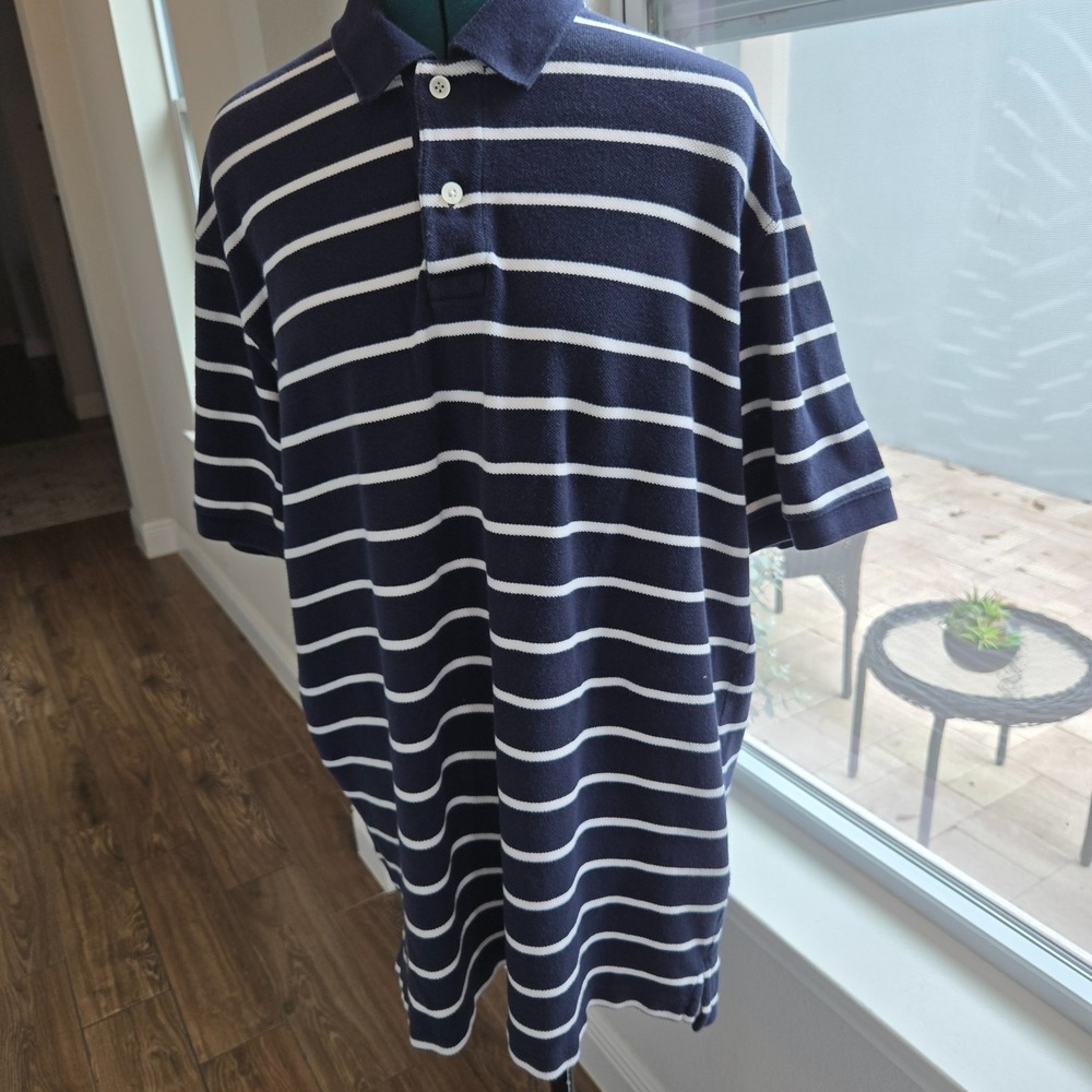 Eddie Bauer Polo Shirt Mens XL Tall Blue Striped Cotton Short Sleeve Nautical